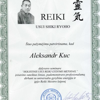 Международный сертификат Рэйки Мастера нетрадиционной линии с правом инициации в 1-ю, 2-ю, 3-ю, Рэйки Мастера ступень.